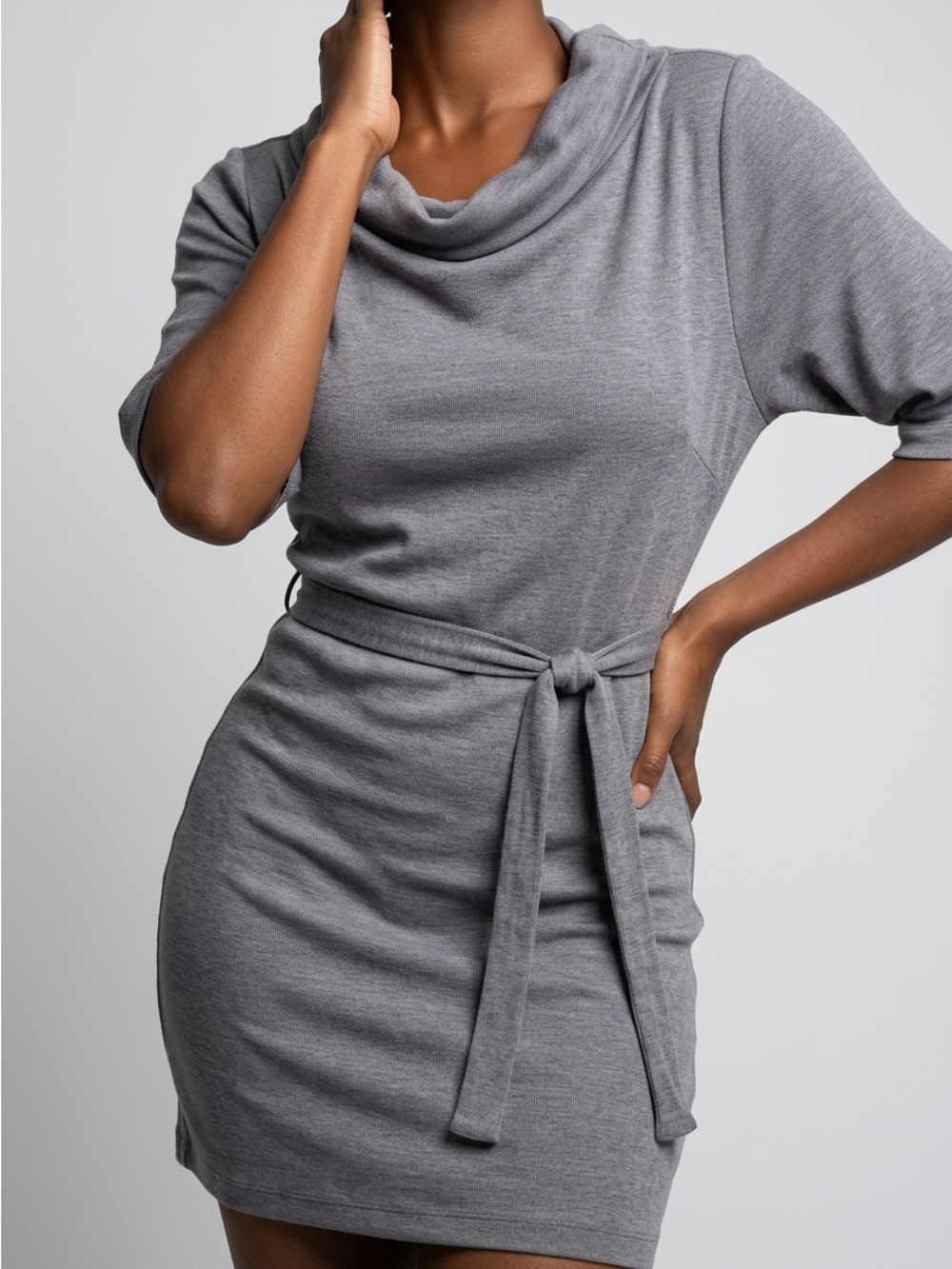 Cowl Neck Belted Midi Dress in Slate Gray